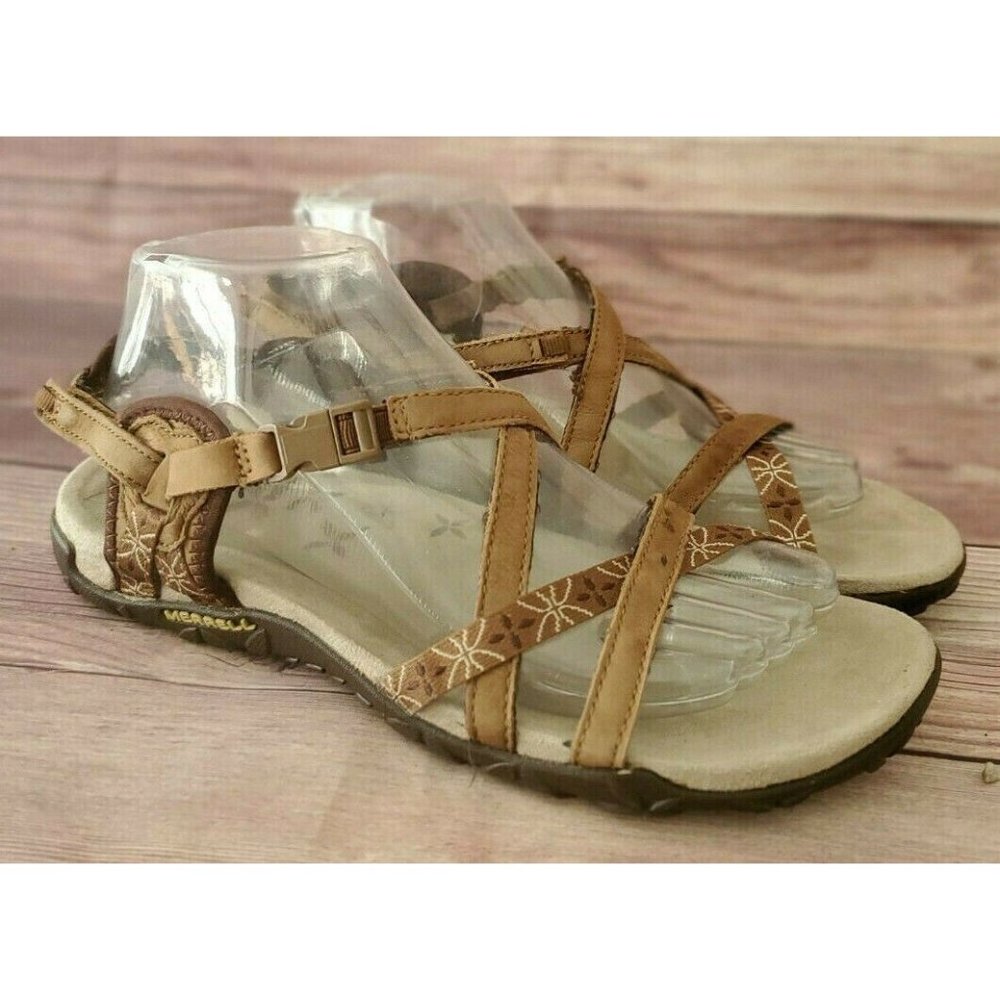 Merrell Women Terran Lattice Brown Leather Sandals - Picture 1 of 6